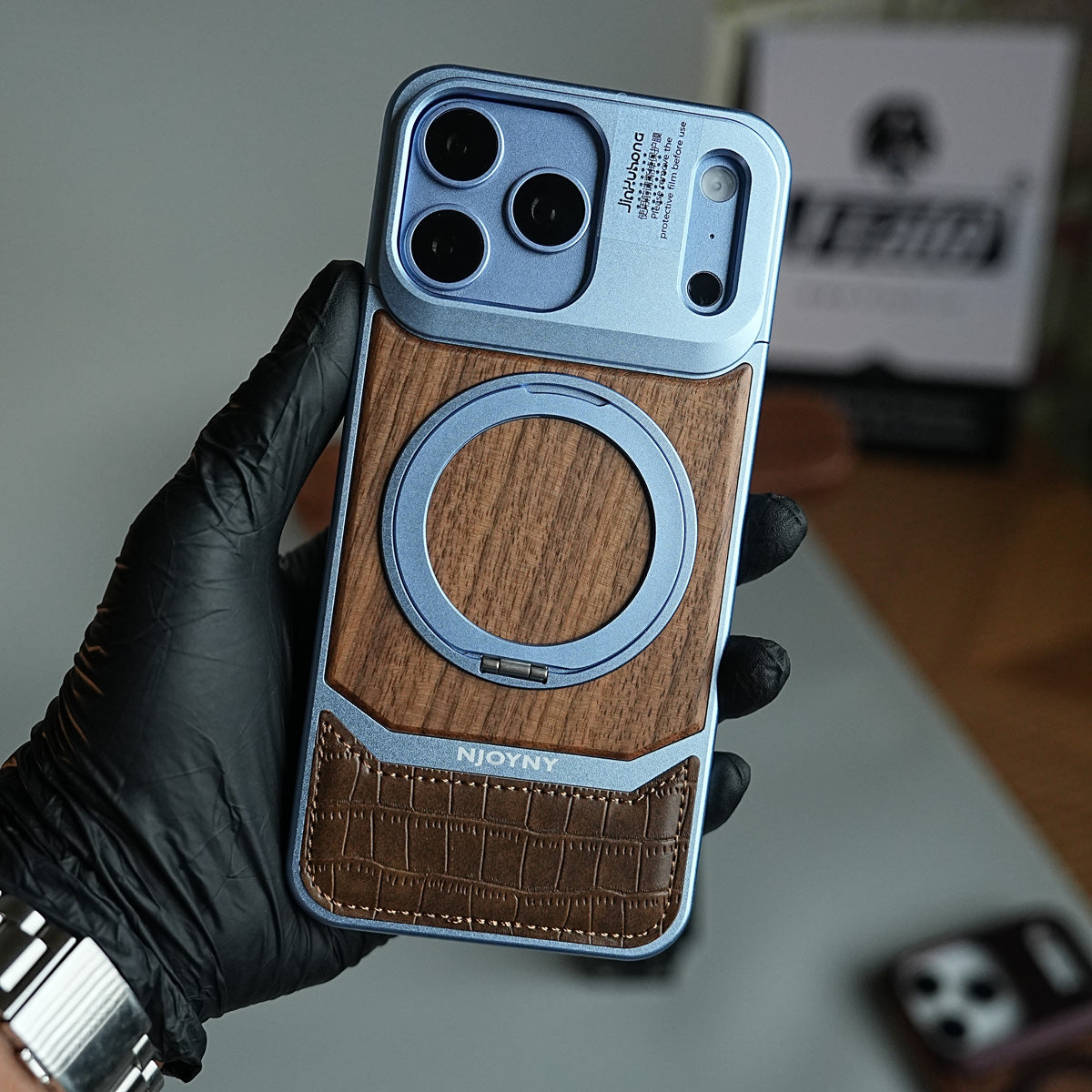 Wood Leather AeroFLex Aluminium Case for iPhone 18 Series With Rotating Stand