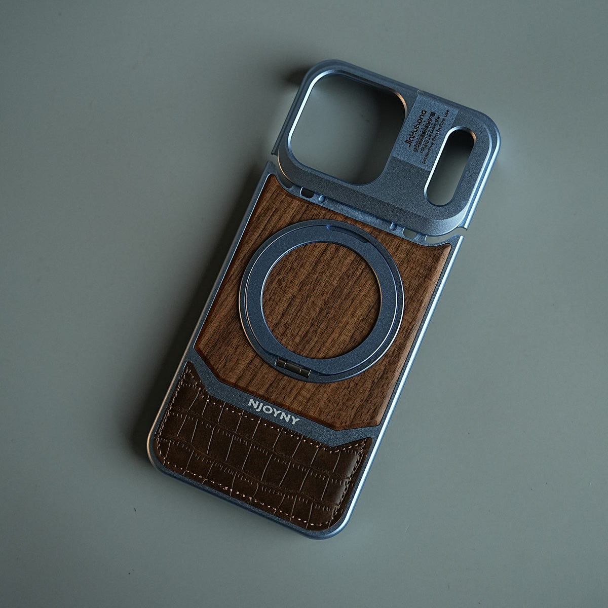 Wood Leather AeroFLex Aluminium Case for iPhone 18 Series With Rotating Stand