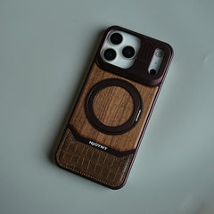Wood Leather AeroFLex Aluminium Case for iPhone 18 Series With Rotating Stand