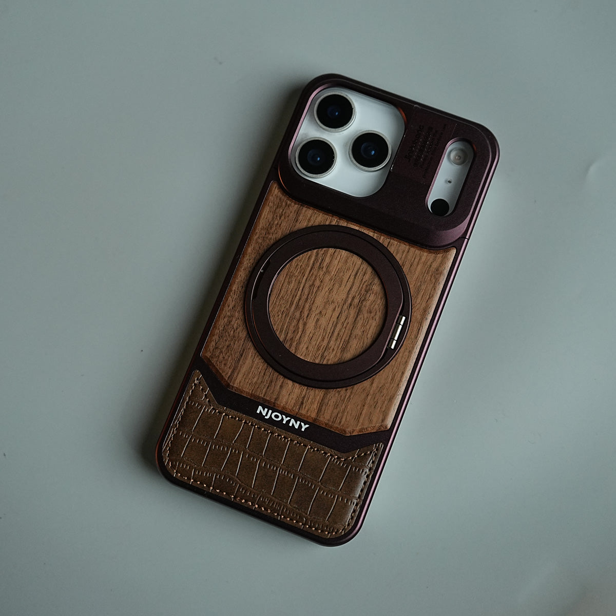 Wood Leather AeroFLex Aluminium Case for iPhone 18 Series With Rotating Stand