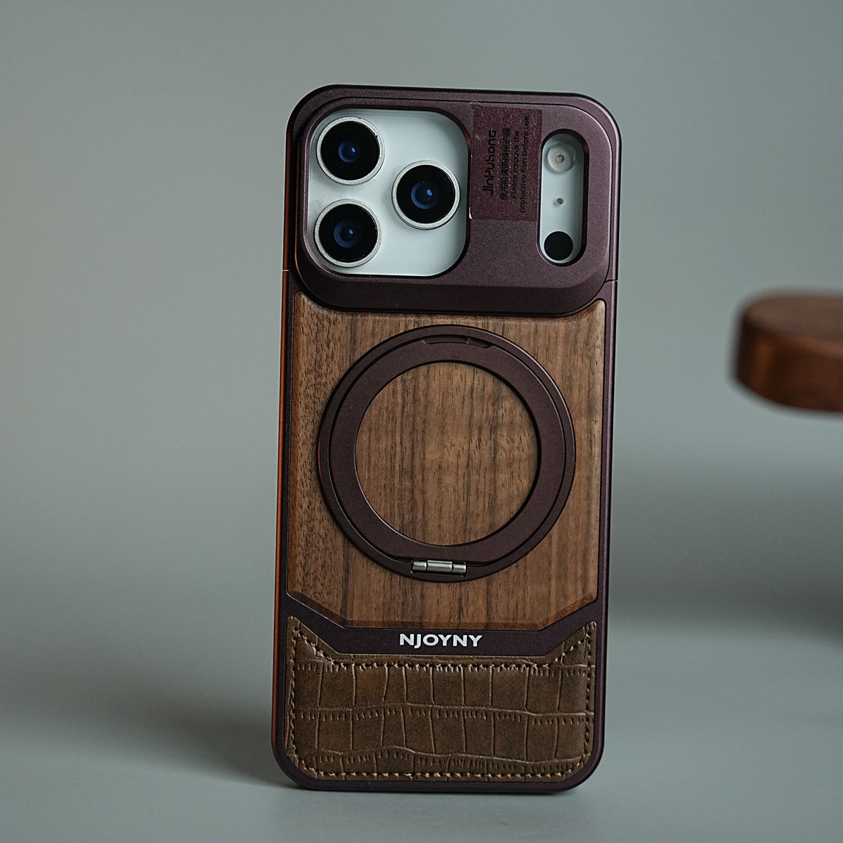 Wood Leather AeroFLex Aluminium Case for iPhone 18 Series With Rotating Stand