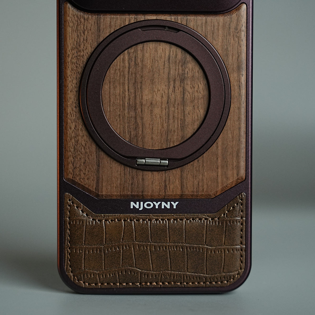 Wood Leather AeroFLex Aluminium Case for iPhone 18 Series With Rotating Stand