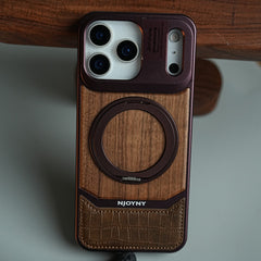 Wood Leather AeroFLex Aluminium Case for iPhone 18 Series With Rotating Stand