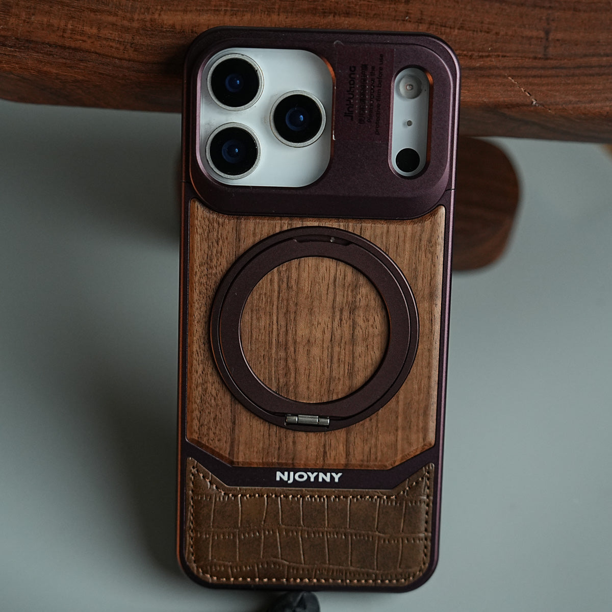 Wood Leather AeroFLex Aluminium Case for iPhone 18 Series With Rotating Stand