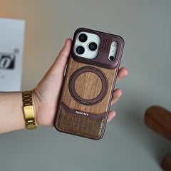 Wood Leather AeroFLex Aluminium Case for iPhone 18 Series With Rotating Stand