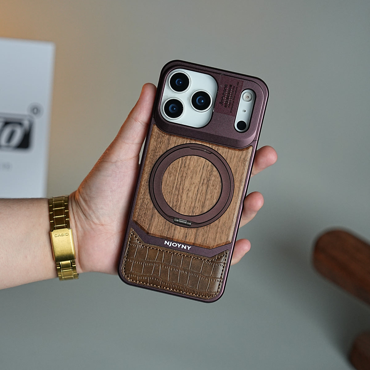 Wood Leather AeroFLex Aluminium Case for iPhone 18 Series With Rotating Stand