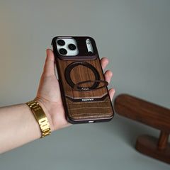 Wood Leather AeroFLex Aluminium Case for iPhone 18 Series With Rotating Stand