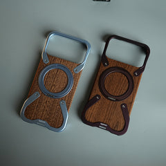iPhone 18 Series Frameless Wooden Aluminium Case | Premium Metal Rotating Stand | Shockproof Luxury Wood Back Cover