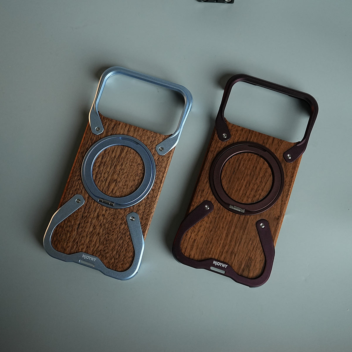 iPhone 18 Series Frameless Wooden Aluminium Case | Premium Metal Rotating Stand | Shockproof Luxury Wood Back Cover
