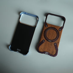 iPhone 18 Series Frameless Wooden Aluminium Case | Premium Metal Rotating Stand | Shockproof Luxury Wood Back Cover