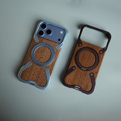 iPhone 18 Series Frameless Wooden Aluminium Case | Premium Metal Rotating Stand | Shockproof Luxury Wood Back Cover