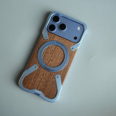 iPhone 18 Series Frameless Wooden Aluminium Case | Premium Metal Rotating Stand | Shockproof Luxury Wood Back Cover