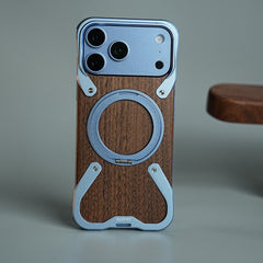 iPhone 18 Series Frameless Wooden Aluminium Case | Premium Metal Rotating Stand | Shockproof Luxury Wood Back Cover