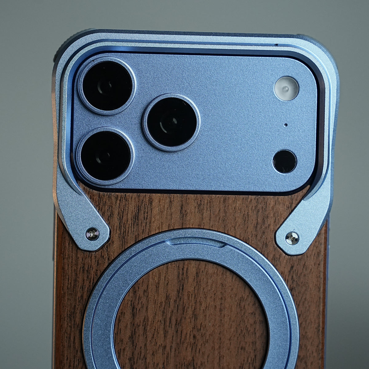 iPhone 18 Series Frameless Wooden Aluminium Case | Premium Metal Rotating Stand | Shockproof Luxury Wood Back Cover