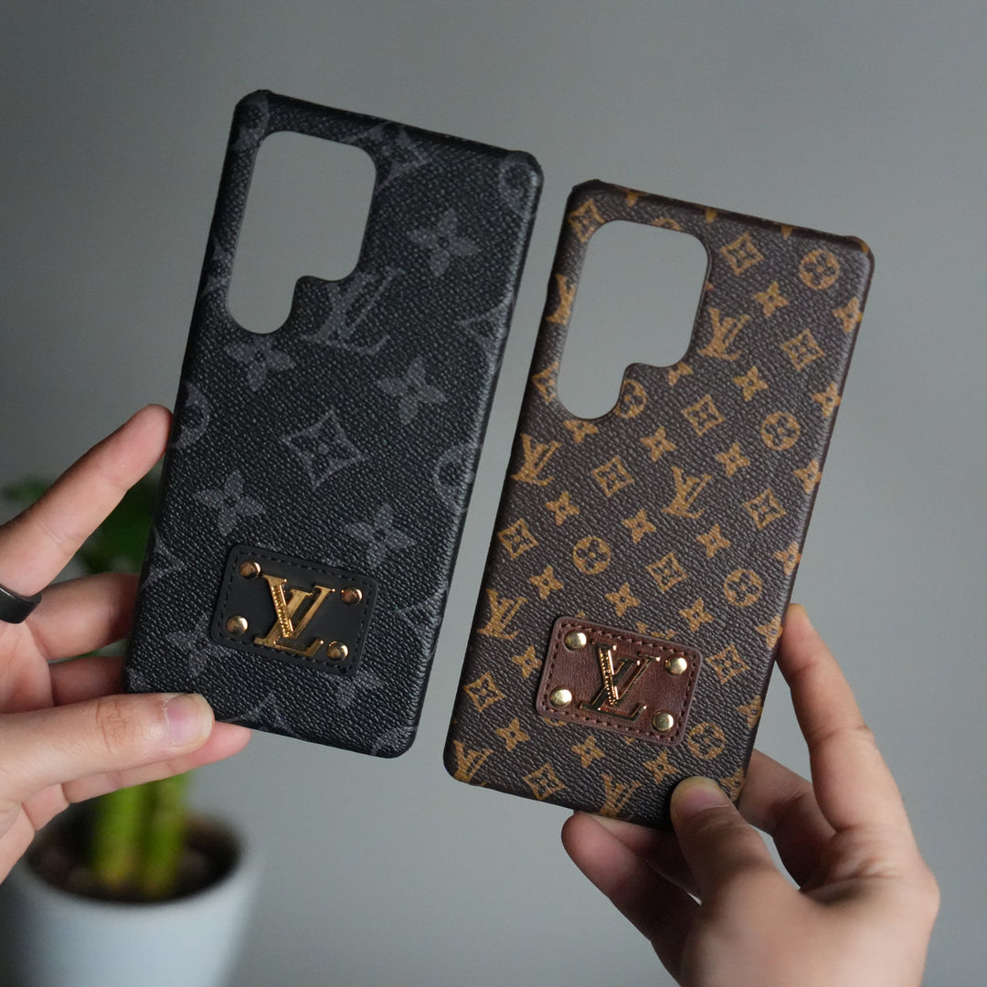 Galaxy S25 Ultra Luxury Pattern Leather Case | Premium Hard Back Cover with Gold Metal Logo Plate