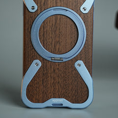 iPhone 18 Series Frameless Wooden Aluminium Case | Premium Metal Rotating Stand | Shockproof Luxury Wood Back Cover