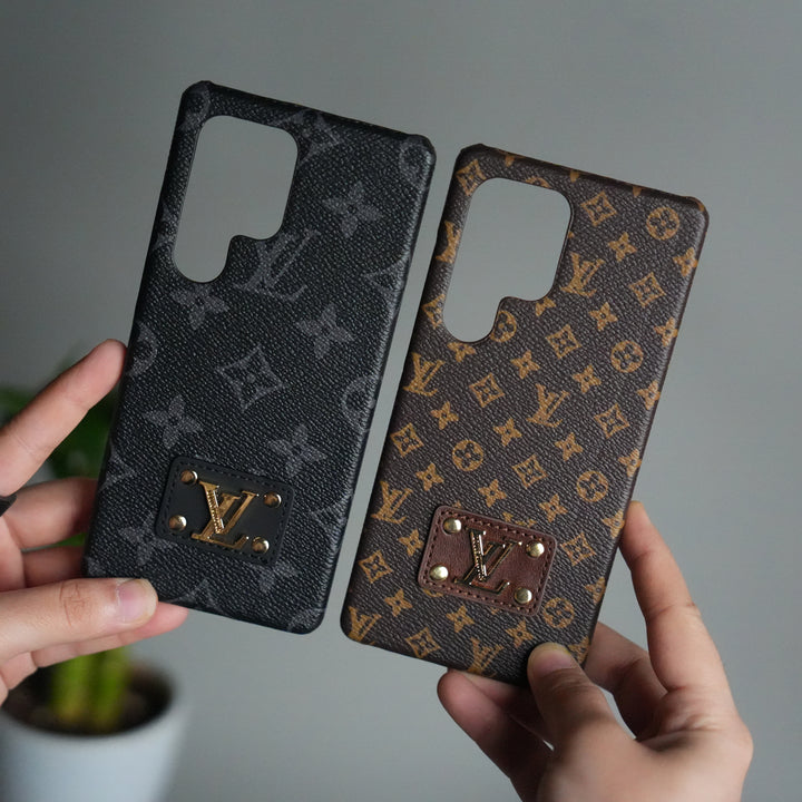 Galaxy S25 Ultra Luxury Pattern Leather Case | Premium Hard Back Cover with Gold Metal Logo Plate