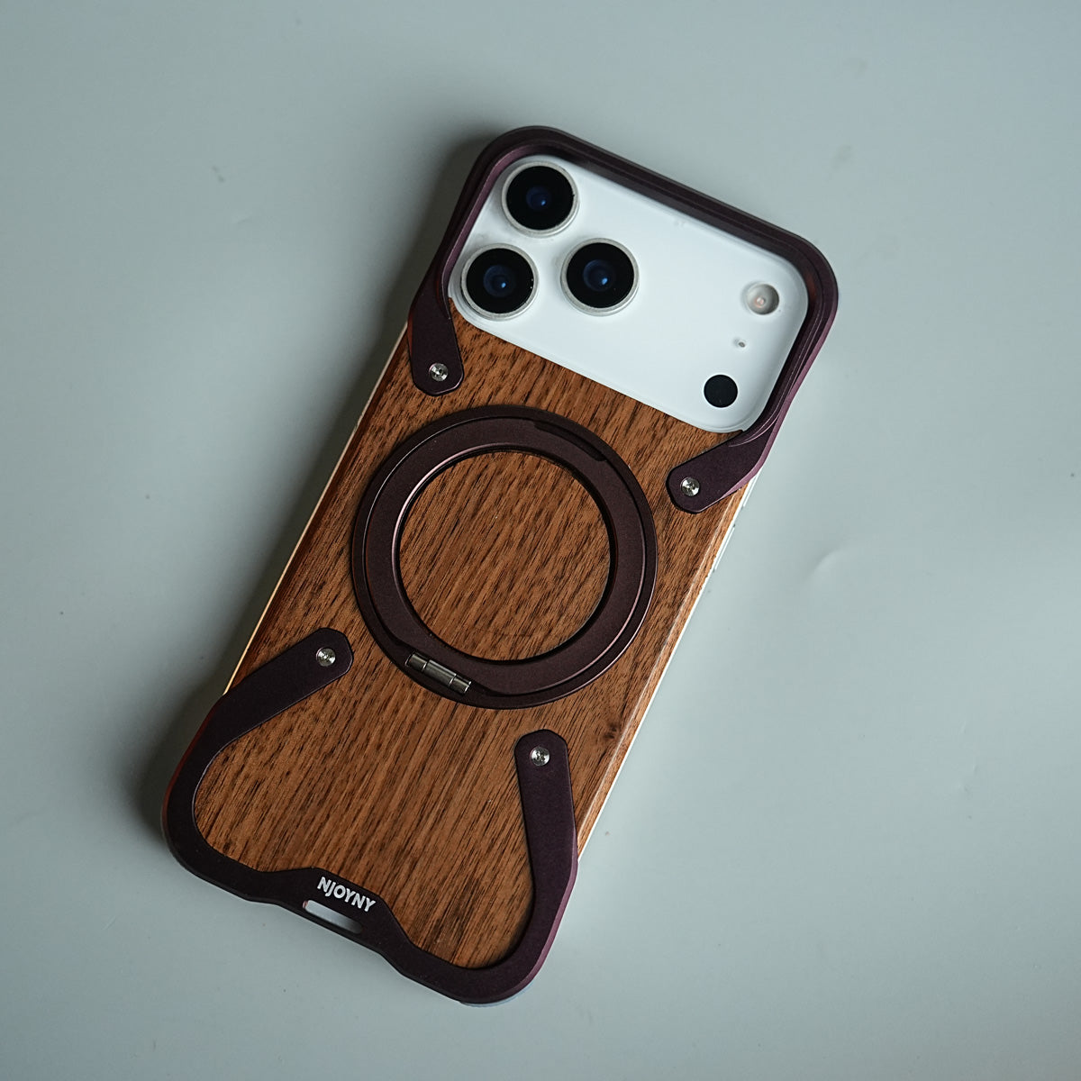 iPhone 18 Series Frameless Wooden Aluminium Case | Premium Metal Rotating Stand | Shockproof Luxury Wood Back Cover