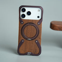 iPhone 18 Series Frameless Wooden Aluminium Case | Premium Metal Rotating Stand | Shockproof Luxury Wood Back Cover