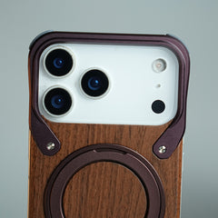 iPhone 18 Series Frameless Wooden Aluminium Case | Premium Metal Rotating Stand | Shockproof Luxury Wood Back Cover