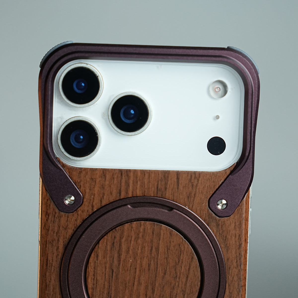 iPhone 18 Series Frameless Wooden Aluminium Case | Premium Metal Rotating Stand | Shockproof Luxury Wood Back Cover