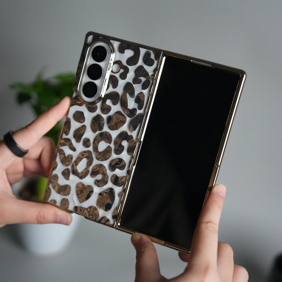 Galaxy Z Fold 7 Chrome Leopard Case | Luxury Transparent Back with Gold Frame