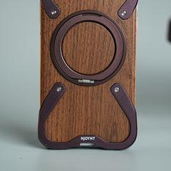 iPhone 18 Series Frameless Wooden Aluminium Case | Premium Metal Rotating Stand | Shockproof Luxury Wood Back Cover