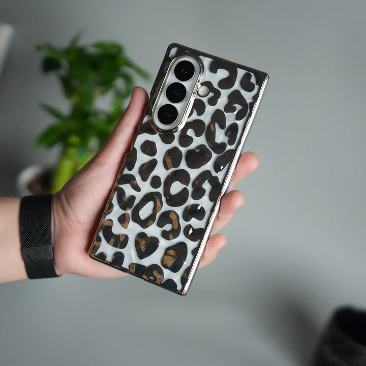 Galaxy Z Fold 7 Chrome Leopard Case | Luxury Transparent Back with Gold Frame