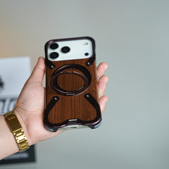 iPhone 18 Series Frameless Wooden Aluminium Case | Premium Metal Rotating Stand | Shockproof Luxury Wood Back Cover