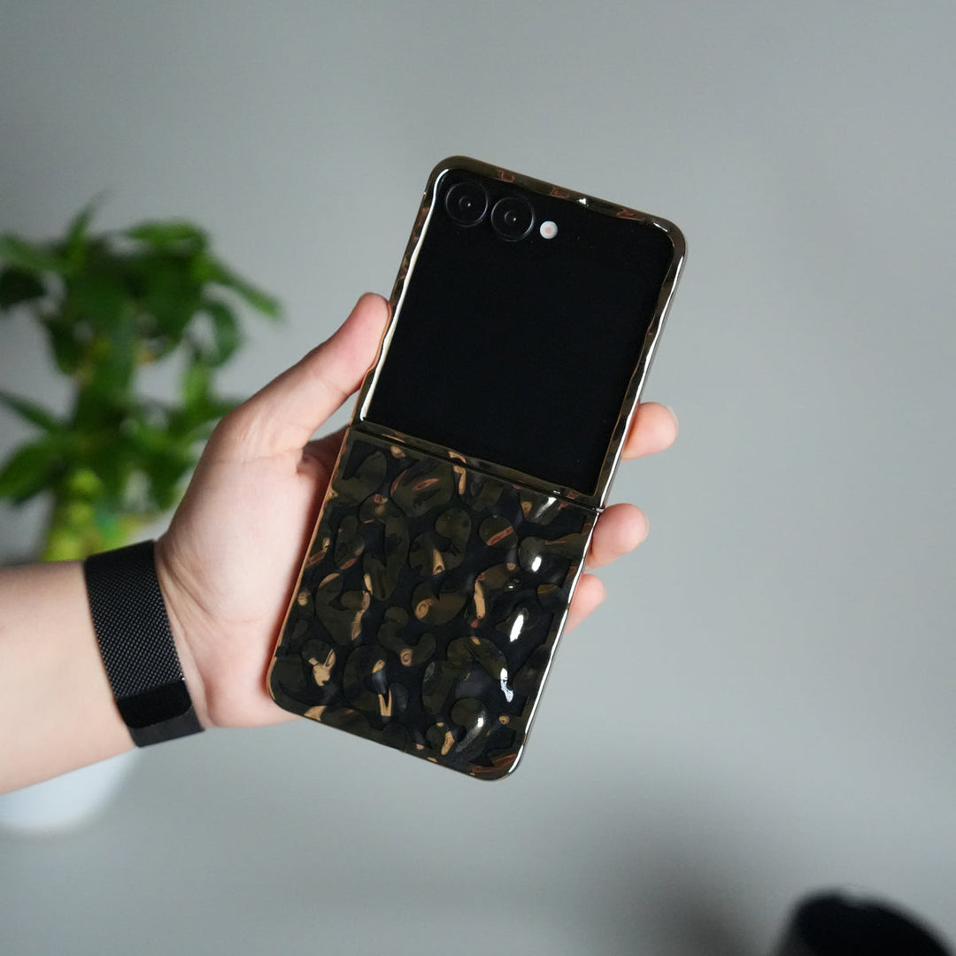 Galaxy Z Flip 7 Chrome Leopard Case | Luxury Transparent Back with Gold Frame