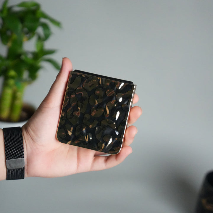 Galaxy Z Flip 7 Chrome Leopard Case | Luxury Transparent Back with Gold Frame