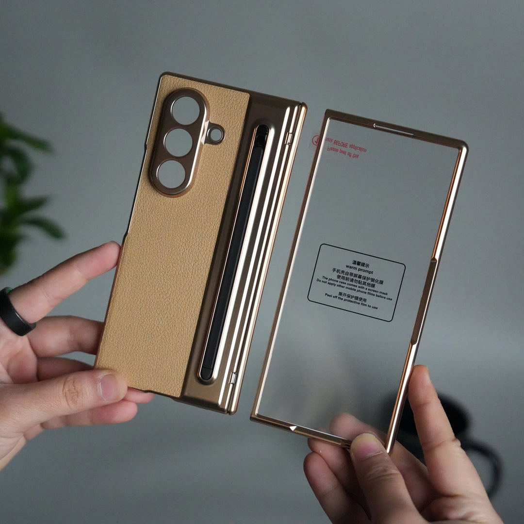 Samsung Galaxy Z Fold 6 Leather Texture front Glass Protection Hinge Case Folding Cover