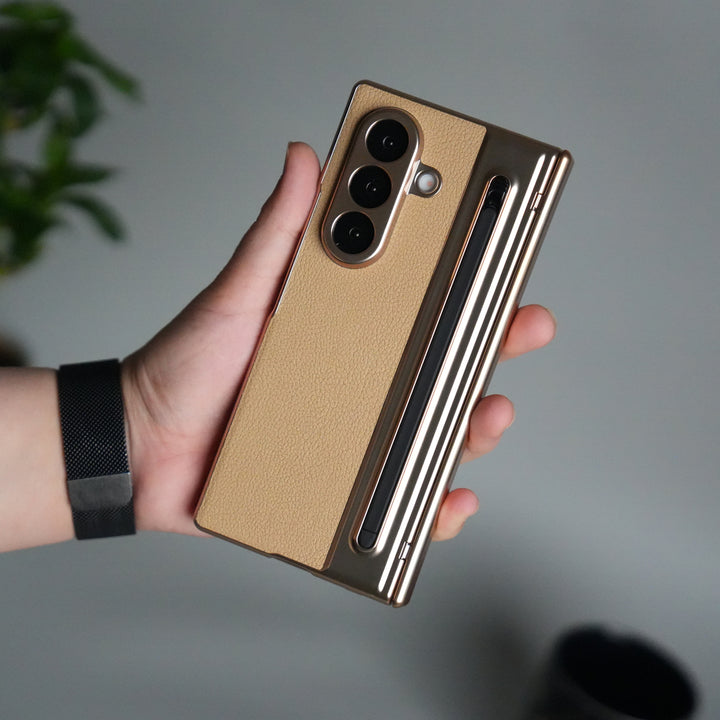 Samsung Galaxy Z Fold 6 Leather Texture front Glass Protection Hinge Case Folding Cover