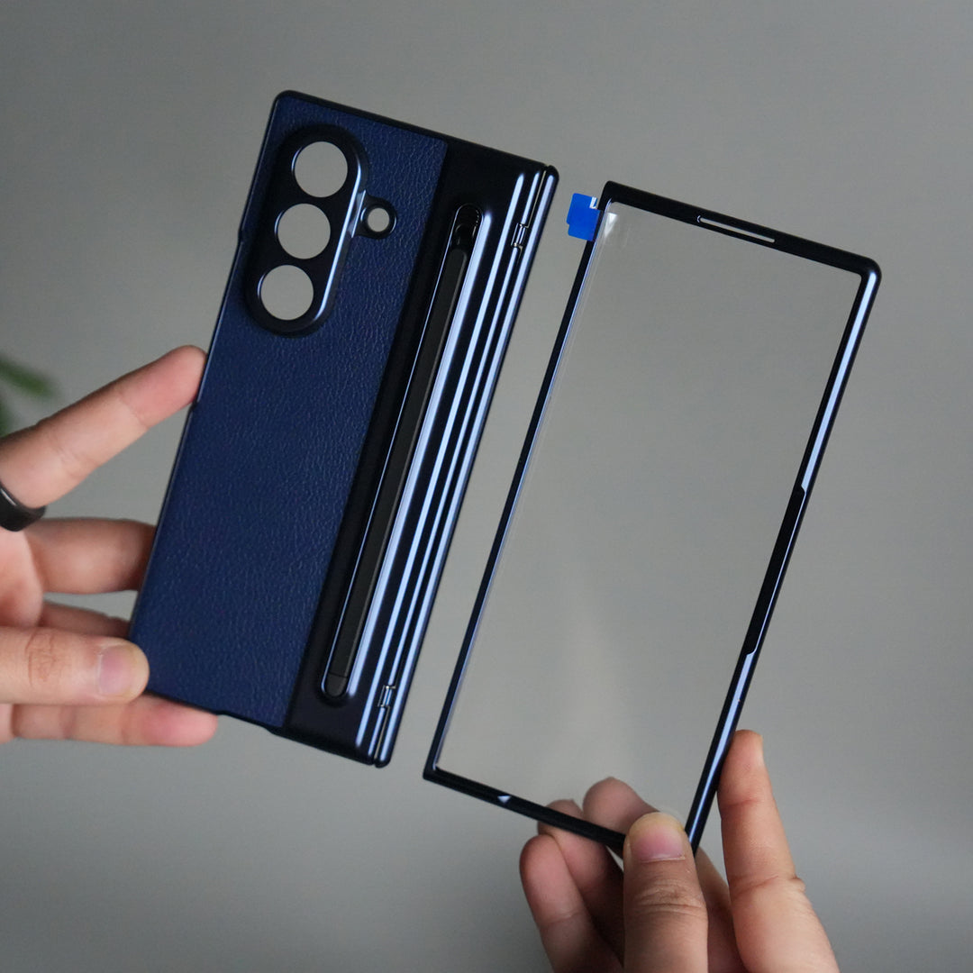 Samsung Galaxy Z Fold 6 Leather Texture front Glass Protection Hinge Case Folding Cover