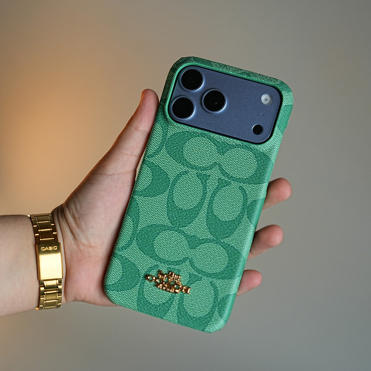 Leather Texture Pattern Case for iPhone 17 Series | Gold-Tone Logo Slim Cover