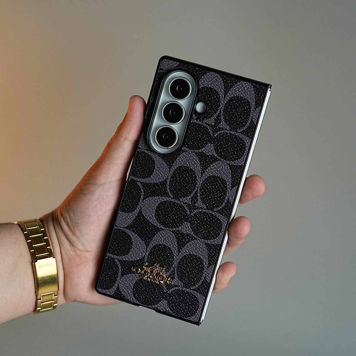 Leather Texture Pattern Case for Galaxy Z Fold 8 Ultra | Gold-Tone Logo Slim Cover