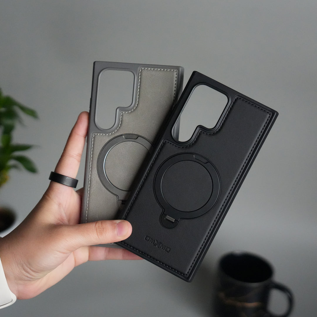 Galaxy S25 Ultra Leather Case | Luxury Metal Ring Stand Back Cover | Shockproof Protective Case