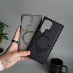 Galaxy S24 Ultra Leather Case | Luxury Metal Ring Stand Back Cover | Shockproof Protective Case