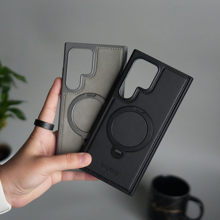 Galaxy S25 Ultra Leather Case | Luxury Metal Ring Stand Back Cover | Shockproof Protective Case