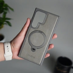 Galaxy S24 Ultra Leather Case | Luxury Metal Ring Stand Back Cover | Shockproof Protective Case
