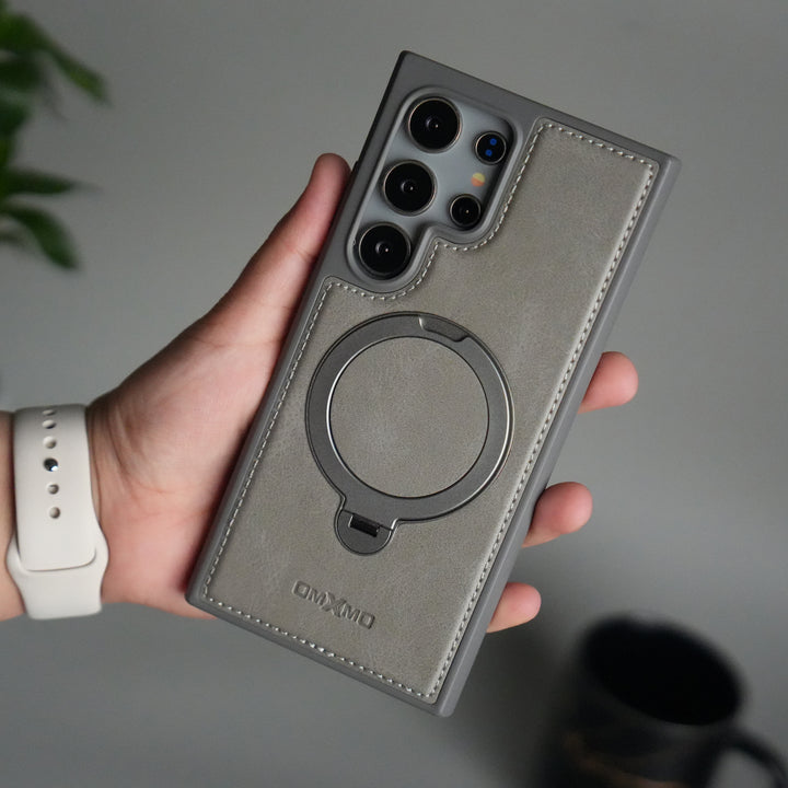 Galaxy S25 Ultra Leather Case | Luxury Metal Ring Stand Back Cover | Shockproof Protective Case