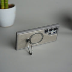 Galaxy S24 Ultra Leather Case | Luxury Metal Ring Stand Back Cover | Shockproof Protective Case