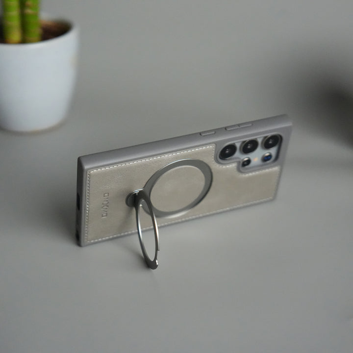 Galaxy S25 Ultra Leather Case | Luxury Metal Ring Stand Back Cover | Shockproof Protective Case