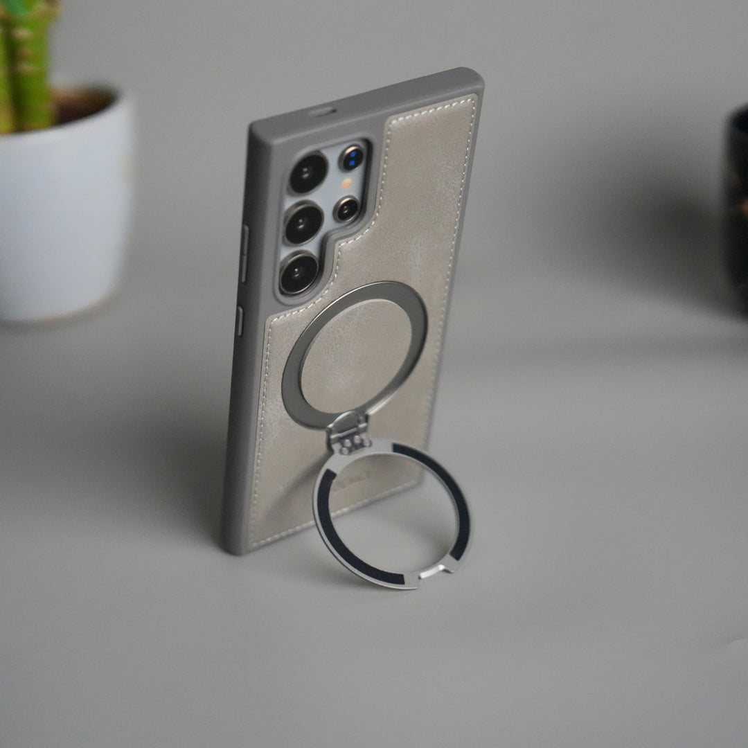 Galaxy S25 Ultra Leather Case | Luxury Metal Ring Stand Back Cover | Shockproof Protective Case