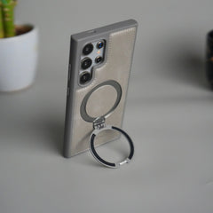 Galaxy S24 Ultra Leather Case | Luxury Metal Ring Stand Back Cover | Shockproof Protective Case