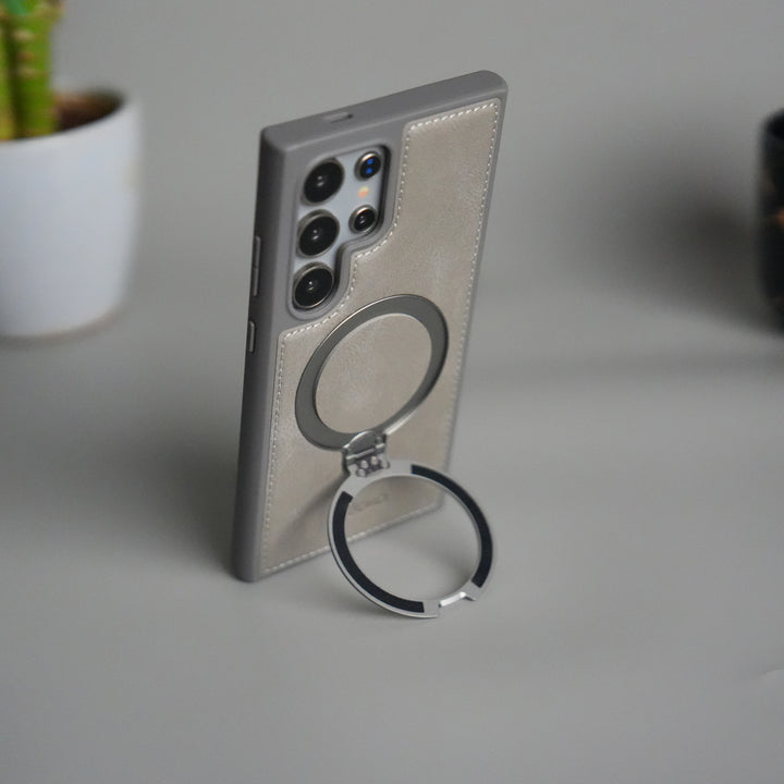 Galaxy S25 Ultra Leather Case | Luxury Metal Ring Stand Back Cover | Shockproof Protective Case
