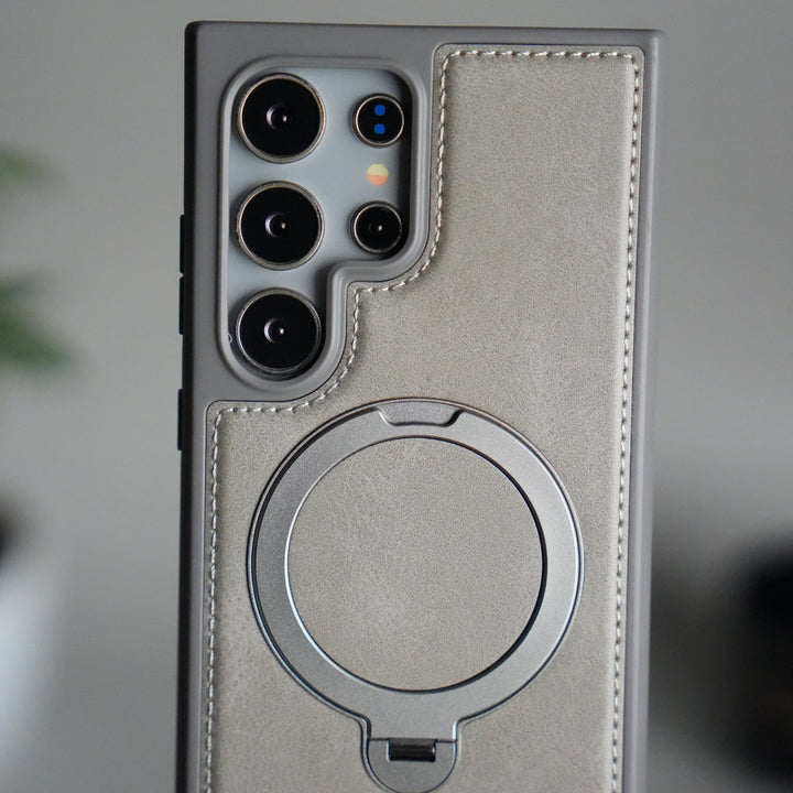 Galaxy S25 Ultra Leather Case | Luxury Metal Ring Stand Back Cover | Shockproof Protective Case