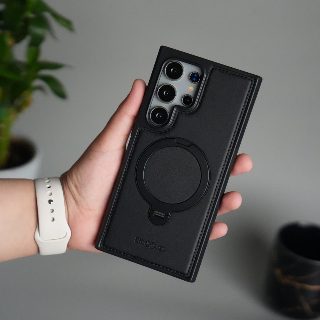 Galaxy S25 Ultra Leather Case | Luxury Metal Ring Stand Back Cover | Shockproof Protective Case