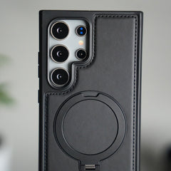 Galaxy S24 Ultra Leather Case | Luxury Metal Ring Stand Back Cover | Shockproof Protective Case