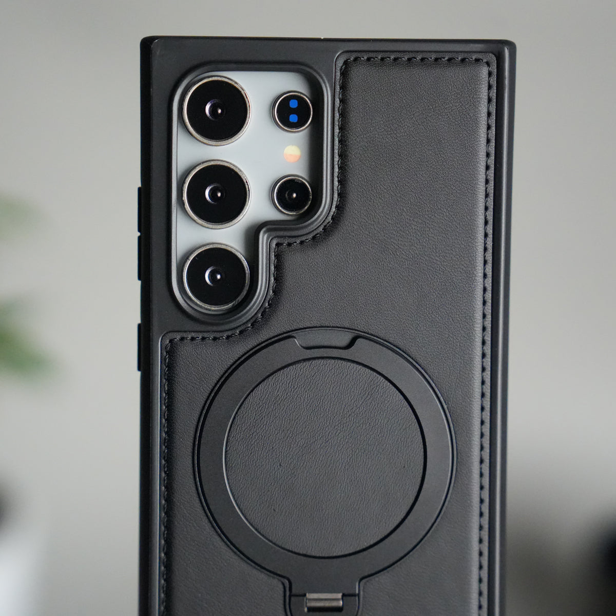 Galaxy S24 Ultra Leather Case | Luxury Metal Ring Stand Back Cover | Shockproof Protective Case